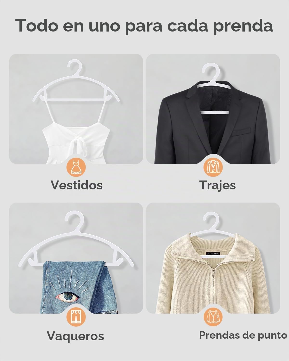 ABHENG 30 Perchas de Plástico Antideslizantes, Resistentes Delgadas Ahorradoras de Espacio, Perchas Todo-en-Uno para Vestidos Trajes Jeans Jerseys, 41,7 cm x 21cm, Blancas, APY0830W