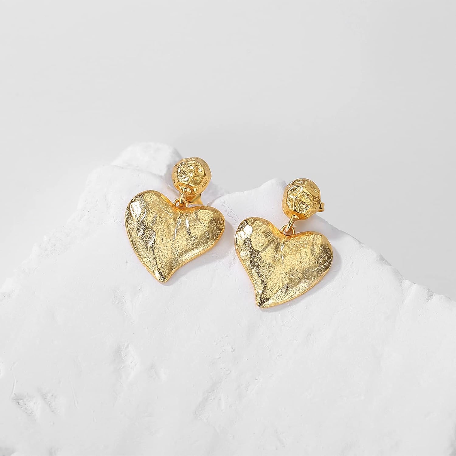 18K Gold Plated Heart Earrings for Women, Hammered Love Heart Dangling Earrings, Statement Gold Women's Jewelry