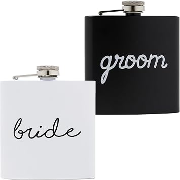 Funky Junque Bride and Groom Wedding Flask Set Stainless Steel Bride Flask and Groom Flask with Etched Sayings - 2 Pack: Groom (Black) & Bride (White)