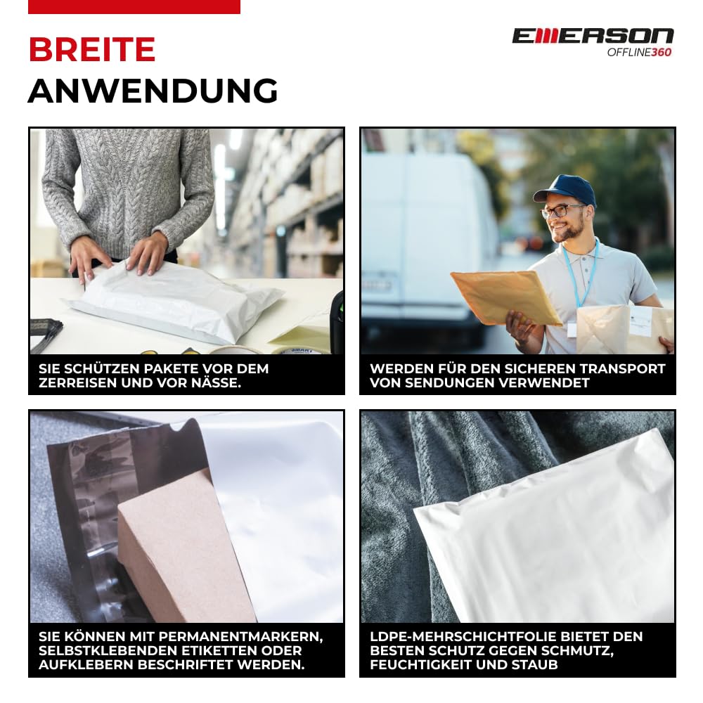 Emerson 50 sztuk plastikowych torebek wysyłkowych 40 x 50 cm | torba wysyłkowa z zamknięciem samoprzylepnym | białe nieprzezroczyste | torebki wysyłkowe na ubrania, artykuły | worki do pakowania