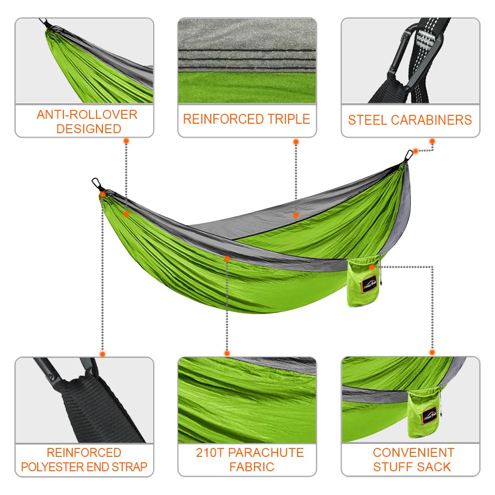 Anortrek Hamak outdoorowy dla 1 osoby, 280 x 140 cm, nośność 250 kg, ultralekkie akcesorium kempingowe z paskami na drzewo, oddychający nylonowy hamak podróżny do wędrówek i ogrodu