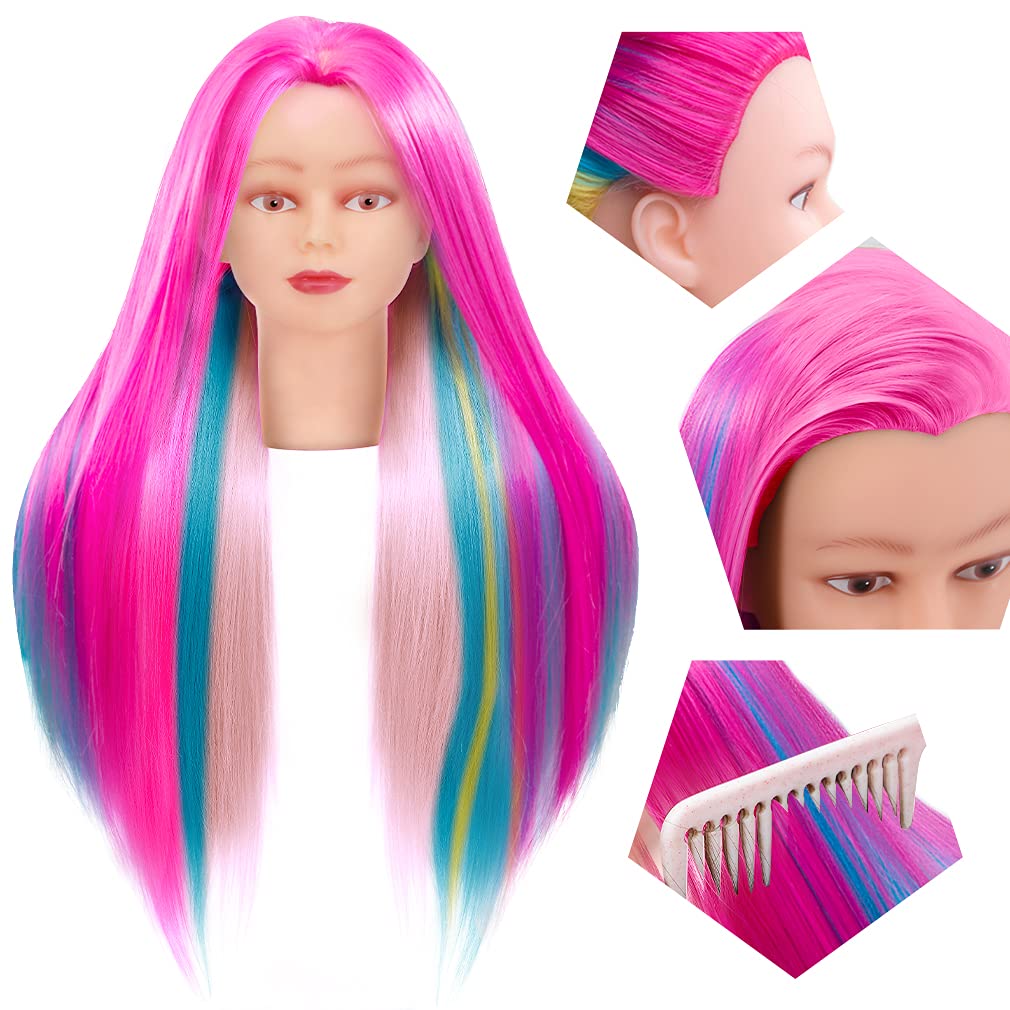 Cosmetology Mannequin Head with Synthetic Hair and Adjustable Stand 26-28” Colorful for Braiding Hair Styling Training Hairart Hairdressing Salon Display