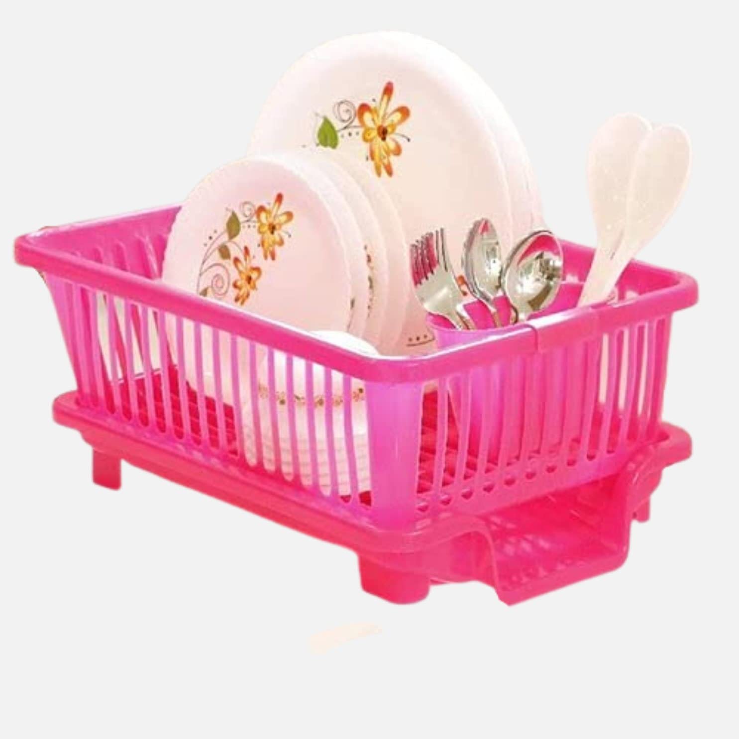3 In 1 Kitchen Sink Dish Drainer Drying Rack Utensils Washing Basket Organizer With Tray And Utensil Cutlery Holder Cup Shelves Storage Shelf Counter Top Space Saver Rack Bartan Basket for Utensils After wash (Pink)