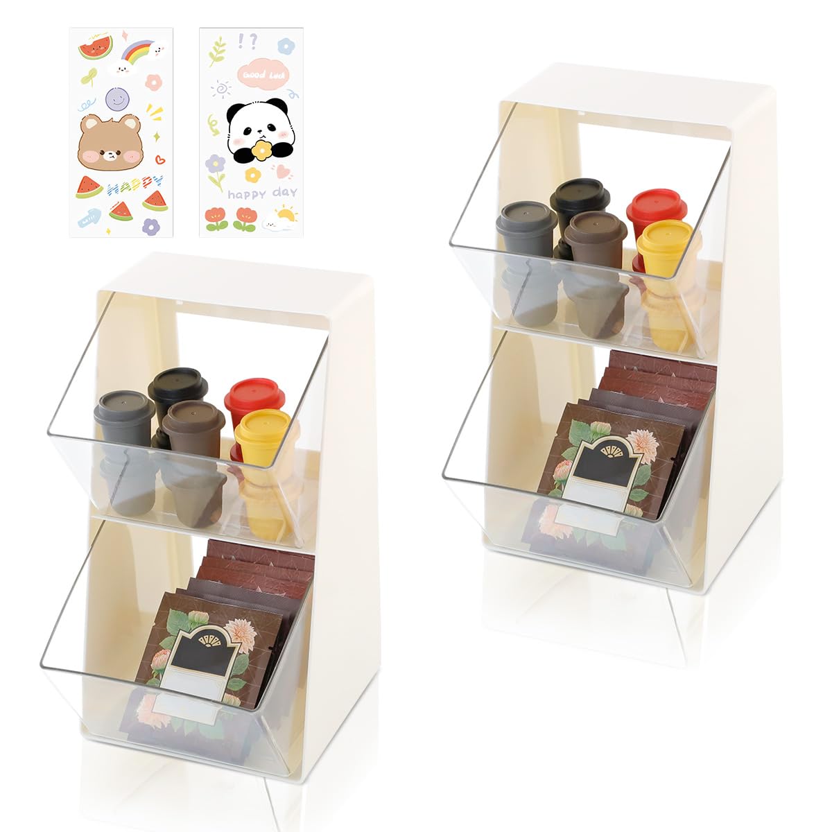 2 Pcs Plastic Tea Bag Organizer with 2 Open Drawers, Tea Packet Storage with Sticker, Tea Bag Holder for Coffee Sugar Snacks, Acrylic Tea Box for Home Kitchen Office Pantry Drawer Cabinet (2Pc-White)