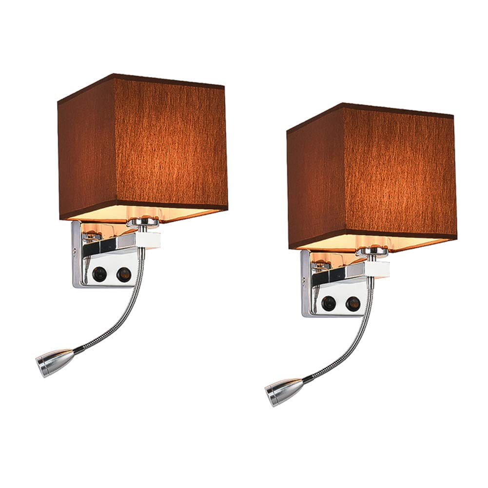 KTOL2 Pack Gooseneck Reading Wall Light Bedside Wall Lamp with Switch, Led Warm White Wall-mounting Bedroom Wall Sconces with Fabric Shade E27 Wall Light for Hallway Bedroom Restaurant-Brown