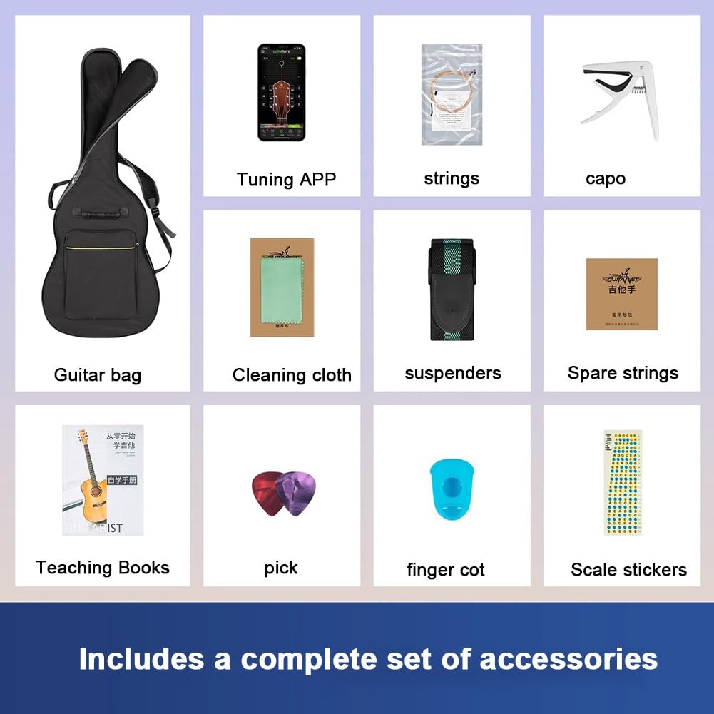 Guitarra acústica para principiantes con accesorios, instrumento de tamaño completo para aprender y practicar