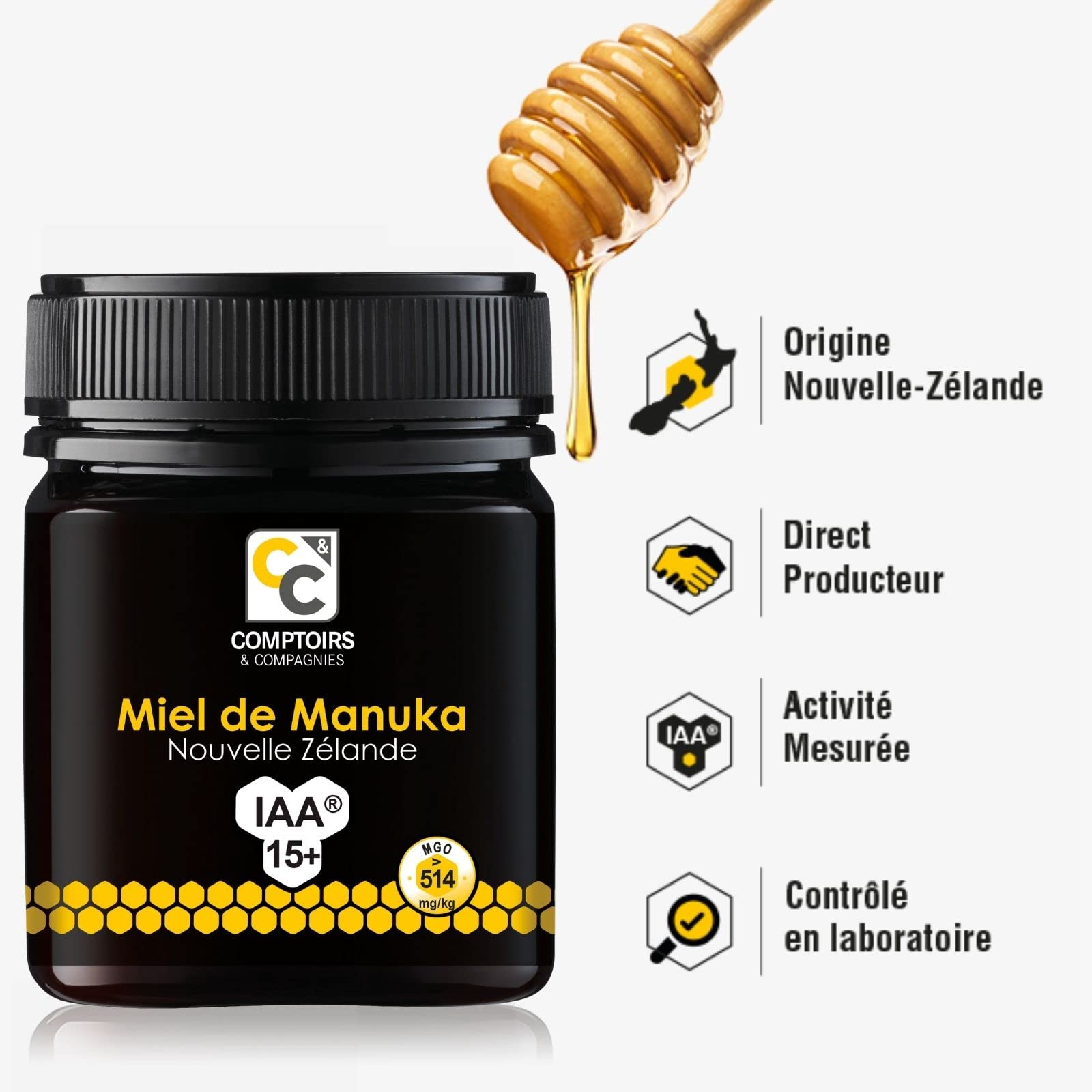 COMPTOIRS ET COMPAGNIES - Miel de Manuka Actif - IAA15+ (MGO514+) - Origine Nouvelle Zélande - 250g
