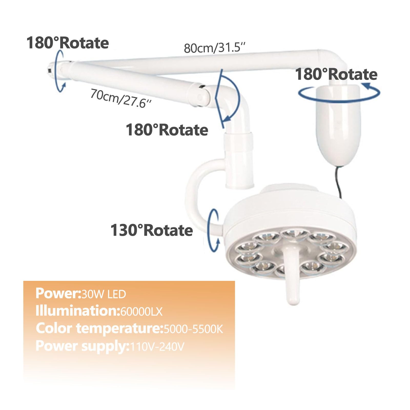 Lampe d'examen médicale murale, lampe d'examen chirurgicale à LED, lampe d'examen à LED à 10 perles, lampe chirurgicale sans ombre à intensité variable