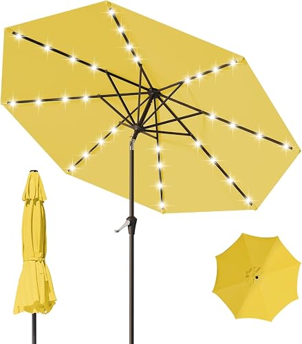 Tobeos 9FT Patio Umbrella with Solar Lights,Outdoor Market Umbrella with Tilt and Crank, LED Lighted Table Umbrella for Garden,Deck,Backyard,Pool,Beach (Yellow)