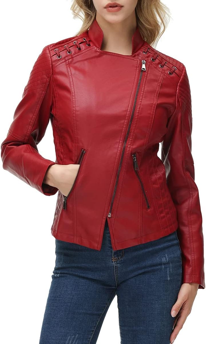 MODFUL Women's Faux Leather Moto Jacket Casual Short Solid Color PU Biker Coat with Pockets - Image 5
