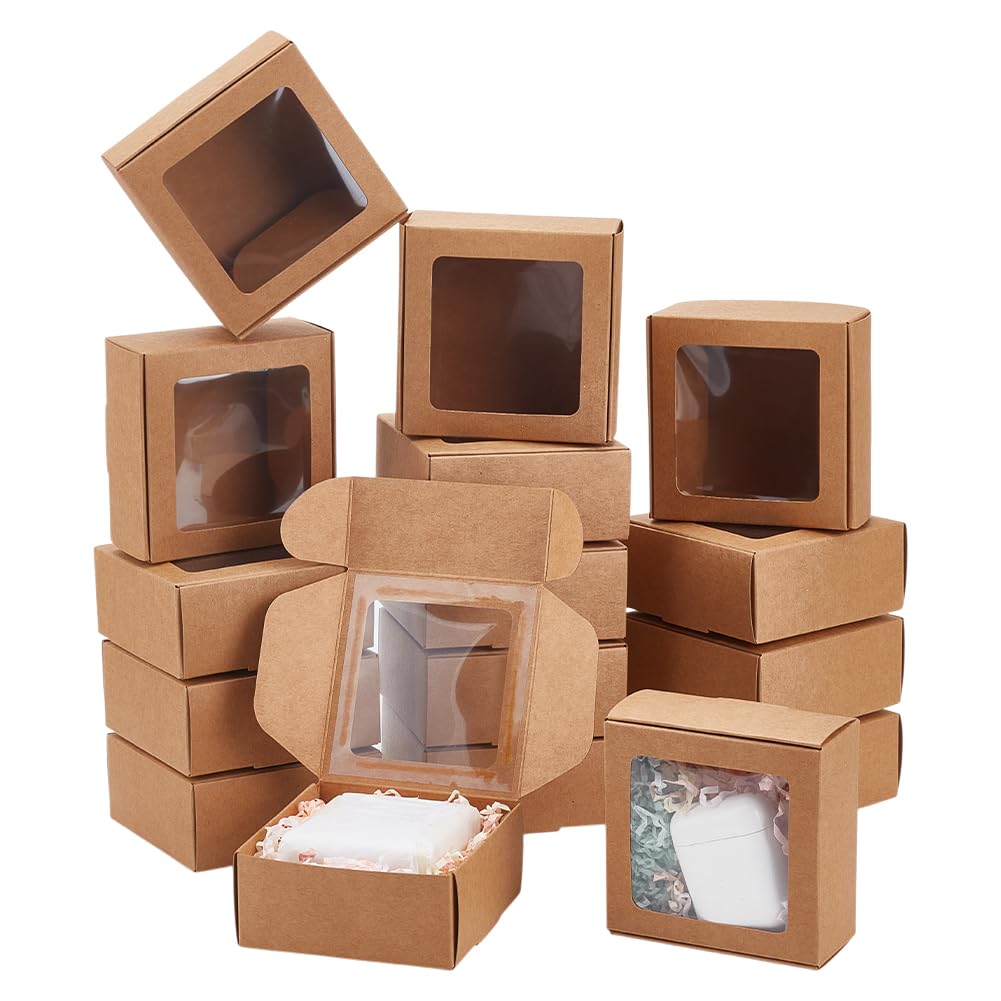 BENECREAT 30pcs Square Kraft Paper Boxes, Gift Boxes with Clear PVC Window for Wedding Gift, Chocolates, Cookies and Other Small Crafts, 3.6x3.6x1.57 Inch