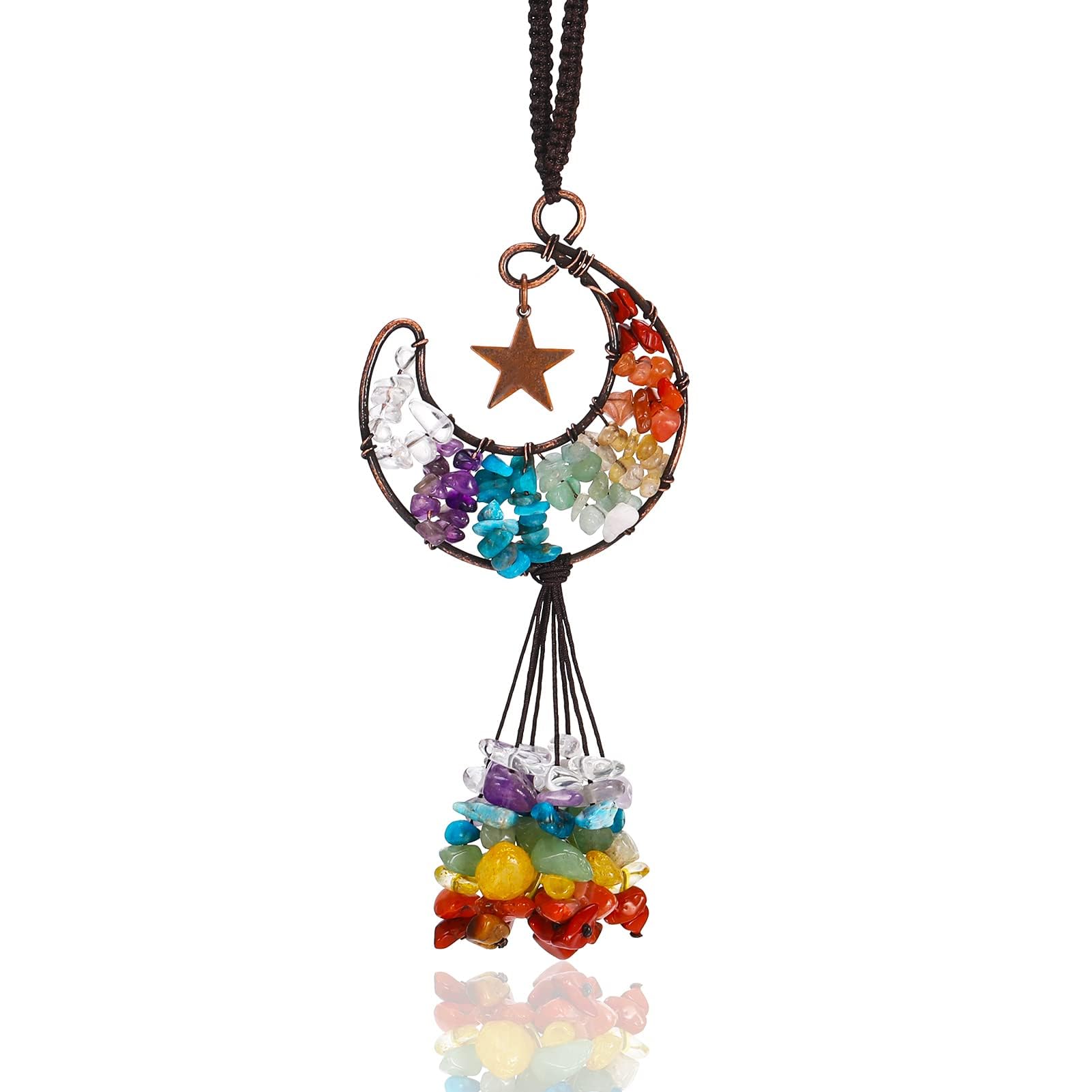 Excefore Tree of Life Hanging Ornament, Chakra Crystal Hanging Ornament Moon Shape Healing Crystal Stones Car Rear View Mirror Hanging Accessories Wall Home Decor