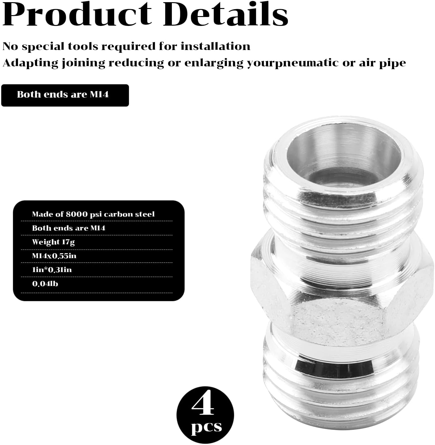 4 Pcs M14 x 1.5mm Hydraulic Hose Fittings Adapters, Alloy Steel Metric Male Cone Coupler for Mini Excavator Hydraulic Thumb Kit, Quick Connector for Small Digger Piping, Silver