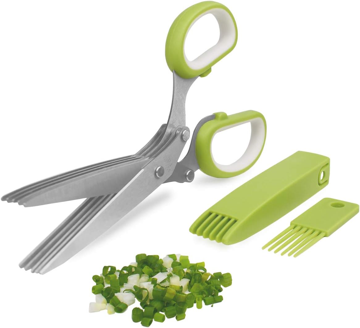 5-Blade Herb Cutter Scissors with Safety Cover, Cleaning Comb - Green