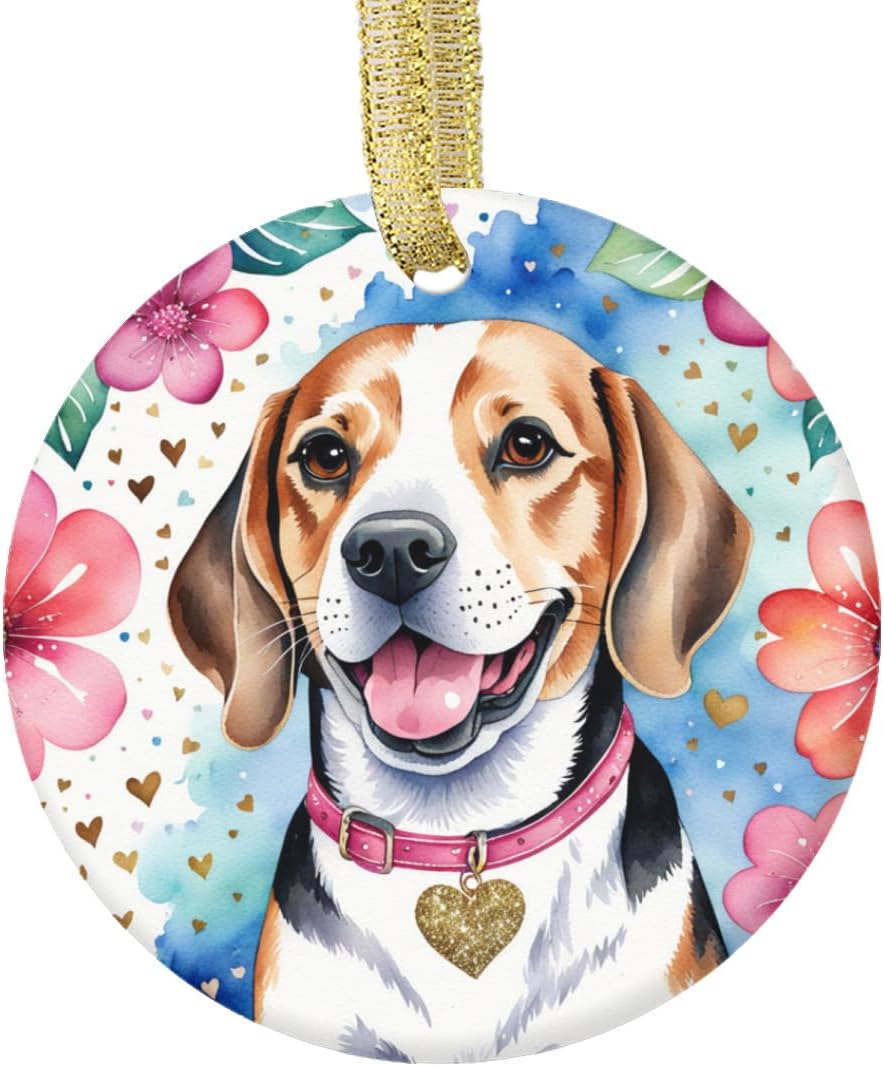 Double-Sided Ceramic Christmas Ornament Xmas Beagle Puppy Dog Animal with Pink Hearts and Flowers Cute Dogs Puppies Blue Design Custom Holiday Tree Decor | 3-Inch