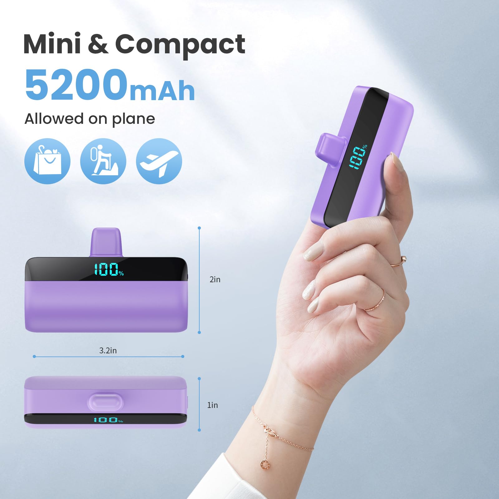 Feob Mini Power Bank per iPhone 16/15 Serie, 5200mAh USB C Caricatore Portatile Ultra-Compatto Batteria Esterna Powerbank con LED Display Compatibile con iPhone 16/15 Pro Samsung iPad Pro etc-Viola