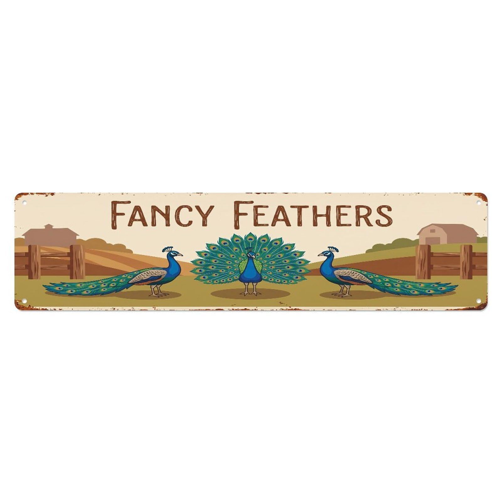 Metal Tin Sign Vintage Peacocks Farm Scene Fancy Feathers