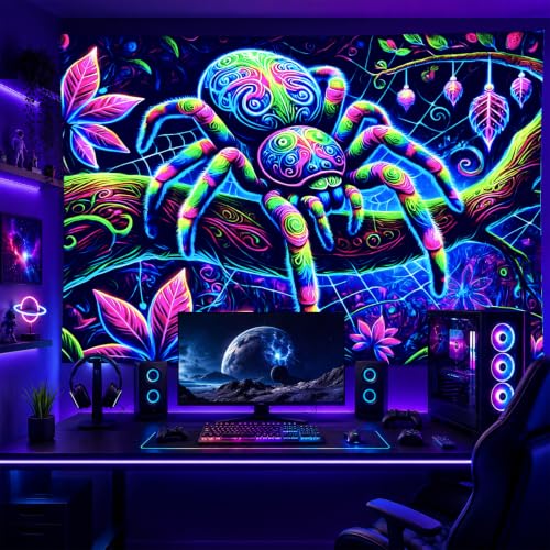 Image of BlissYard Neon Spider Forest Fantasy UV Black Light Tapestry 78x59 Inches Art Color Neon Light Background Bedroom Living Room Wall Party Decoration Psychedelic Web Nature Jungle Creepy Cool Decor