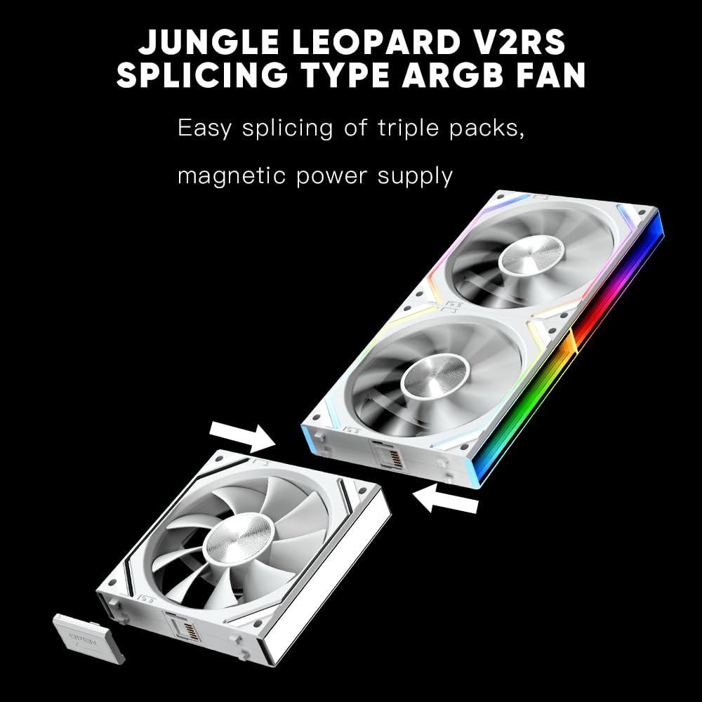 Jungle Leopard Ventilador de PC JM-V2 RS 120 Infinity Mirror Module Daisy Chain ARGB Ventilador de 120 mm, paquete triple adecuado para carcasa de computadora y enfriador AIO de 360 mm (blanco)