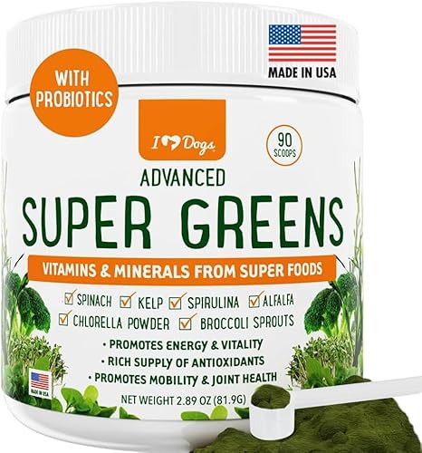 iHeartDogs Super Greens para perros con brotes de brócoli y espirulina en polvo, polvo de verduras para perros para alergias estacionales y apoyo