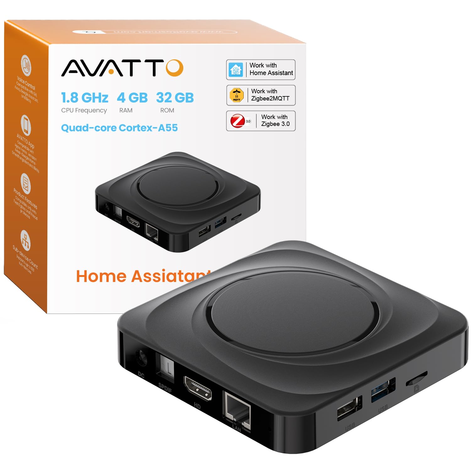 AVATTO Home Assistant Host – Quad-Core Cortex-A55-Prozessor mit 1,8 GHz Taktfrequenz, 4 GB RAM, 32 GB ROM, USB 3.0 / USB 2.0, HDMI 2.0, unterstützt Zigbee2MQTT und ZHA für Smart-Home-Systeme