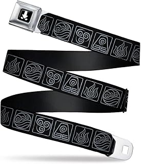 Nickelodeon Belt, Seatbelt Buckle Belt, Avatar the Last Airbender Bending Elements Icons Black Gray, Adjustable