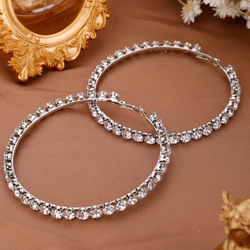 Missgrace Silver Shiny Sexy Rhinestones Hoop Earrings Big Circle Rhinestones Hoop Earrings Rhinestones Bride Wedding Bar Earrings Statement Body Earrings Jewelry for Women - Image 5