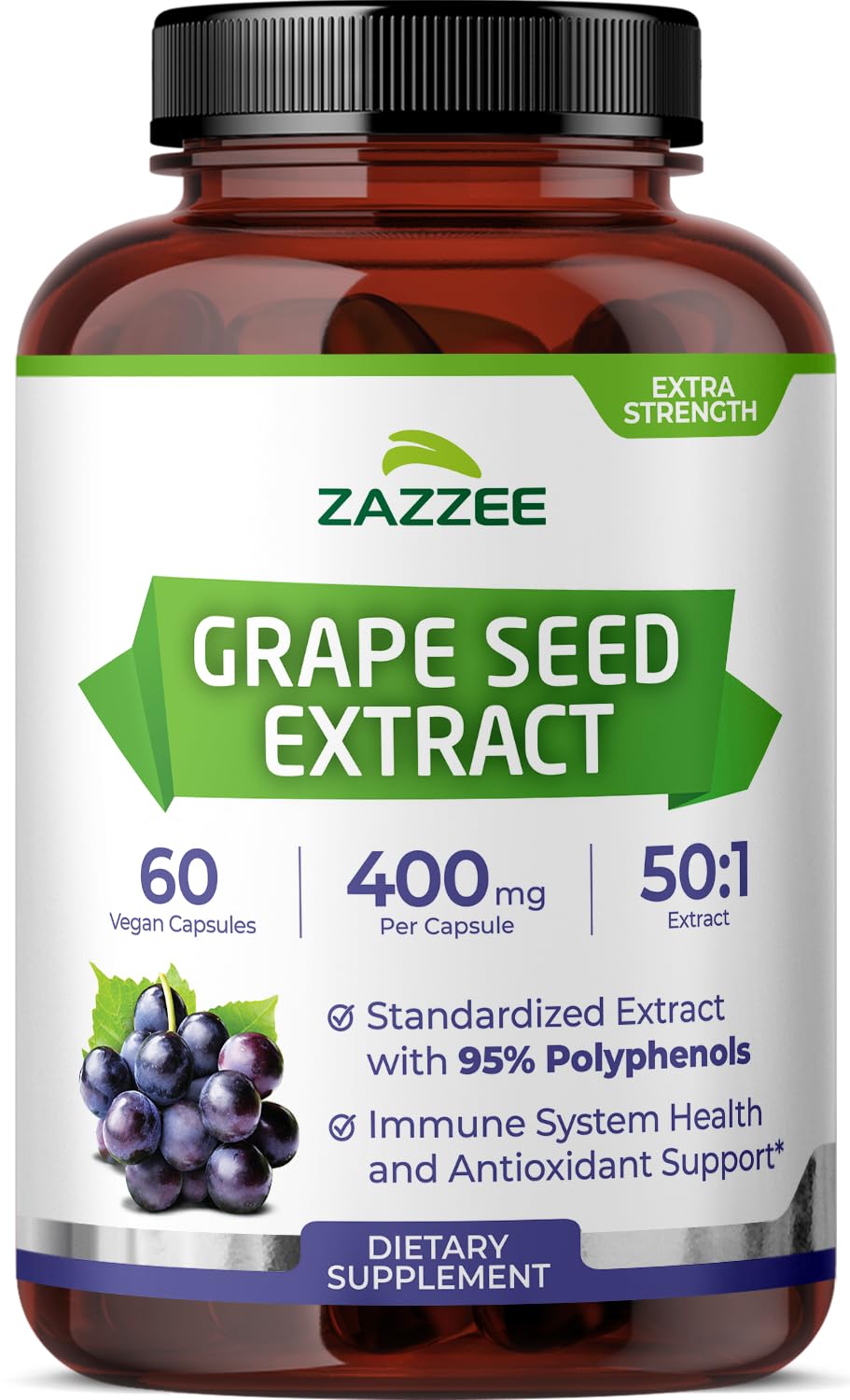 Zazzee High Strength Grape Seed 50:1 Extract, 60 Capsules, 95% Polyphenols 60 Count (Pack of 1)