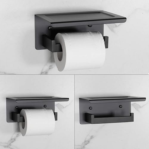 Miniatura 2 de Portarrollos de papel higiénico negro mate con estante montado en la pared para baño, acero inoxidable