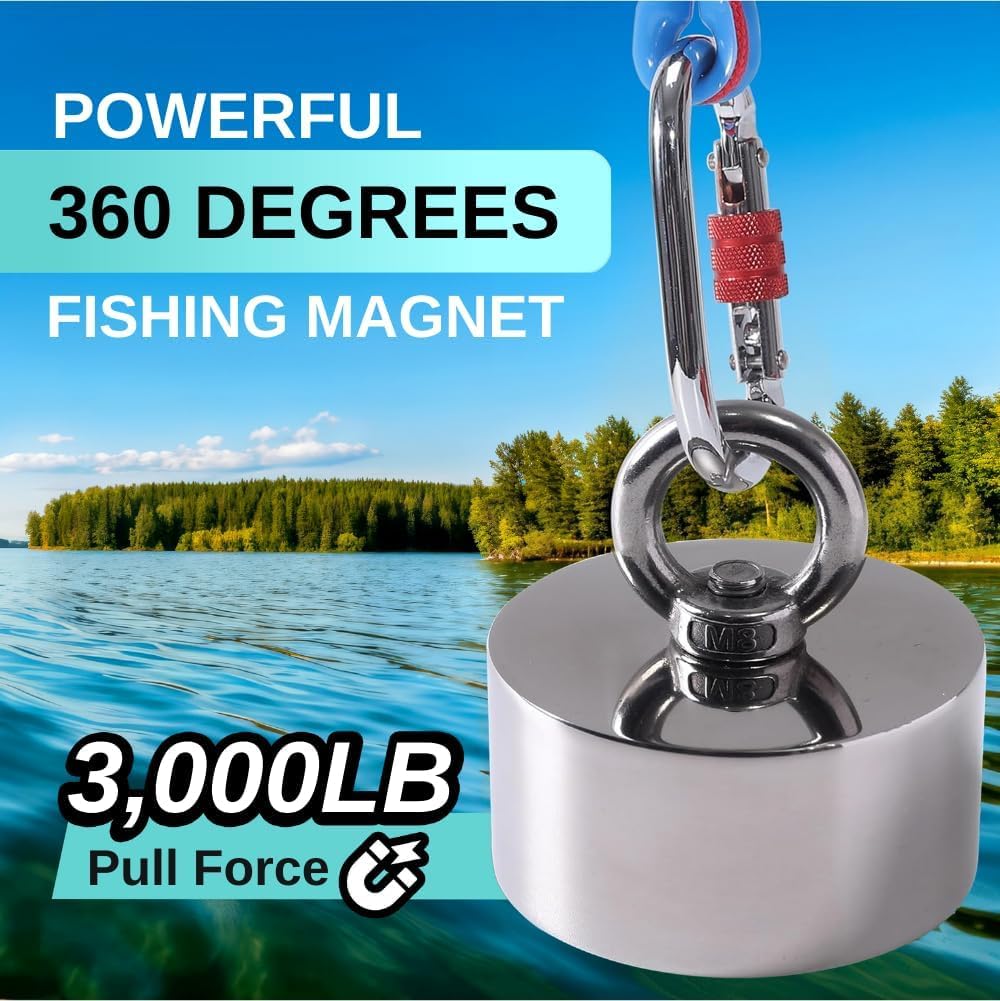 3000lb Complete 360 Degree Magnet Fishing Kit | Includes Strong 360 Neodymium N52 Magnets Durable 8mm 65ft Rope, Carabiner and Gloves.