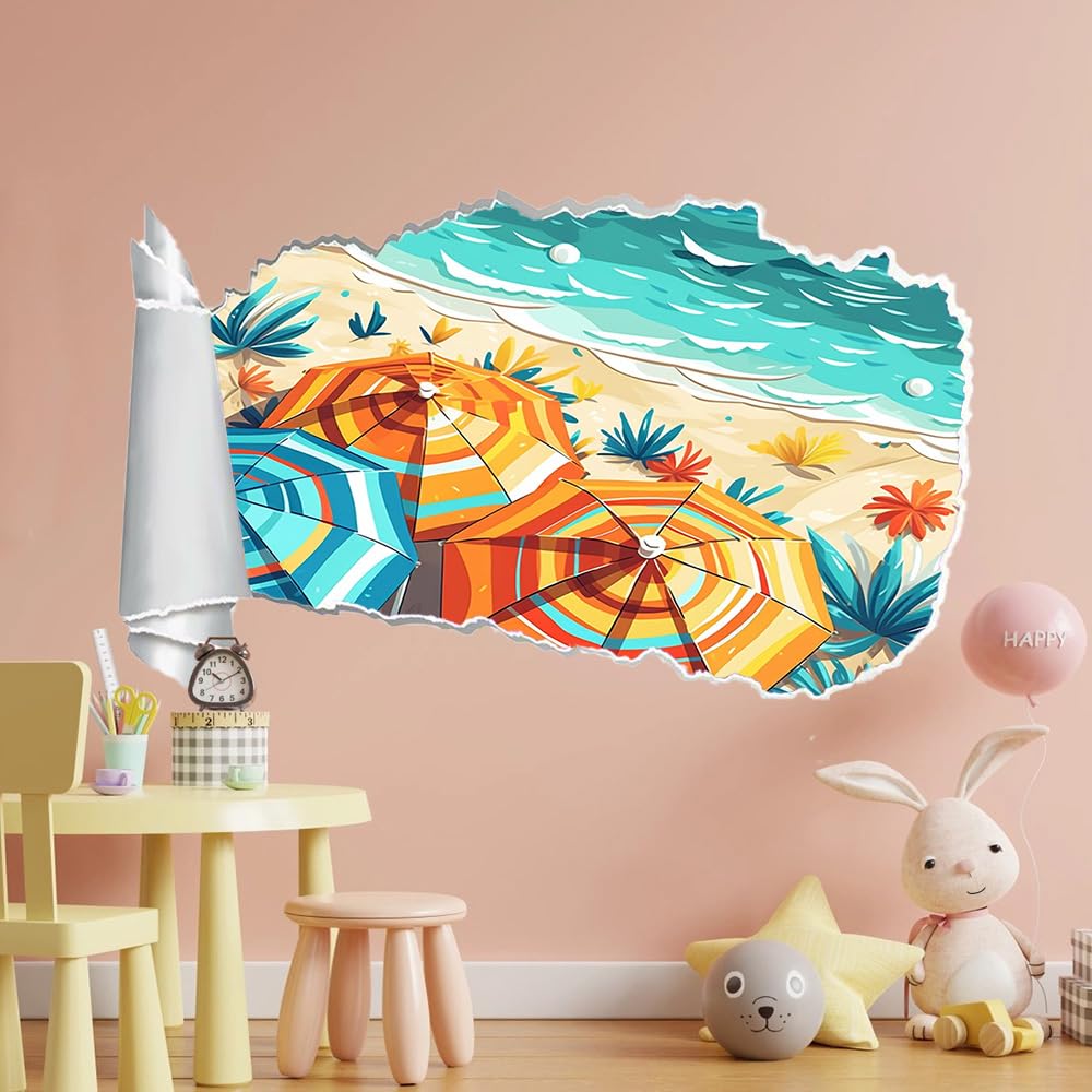 3D Wandtattoo I Wandbild Strand Wandaufkleber I Wandsticker Durchbruch Landschaft Poster Fensterblick I Wand Deko Aufkleber für Wohnzimmer Schlafzimmer Türaufkleber