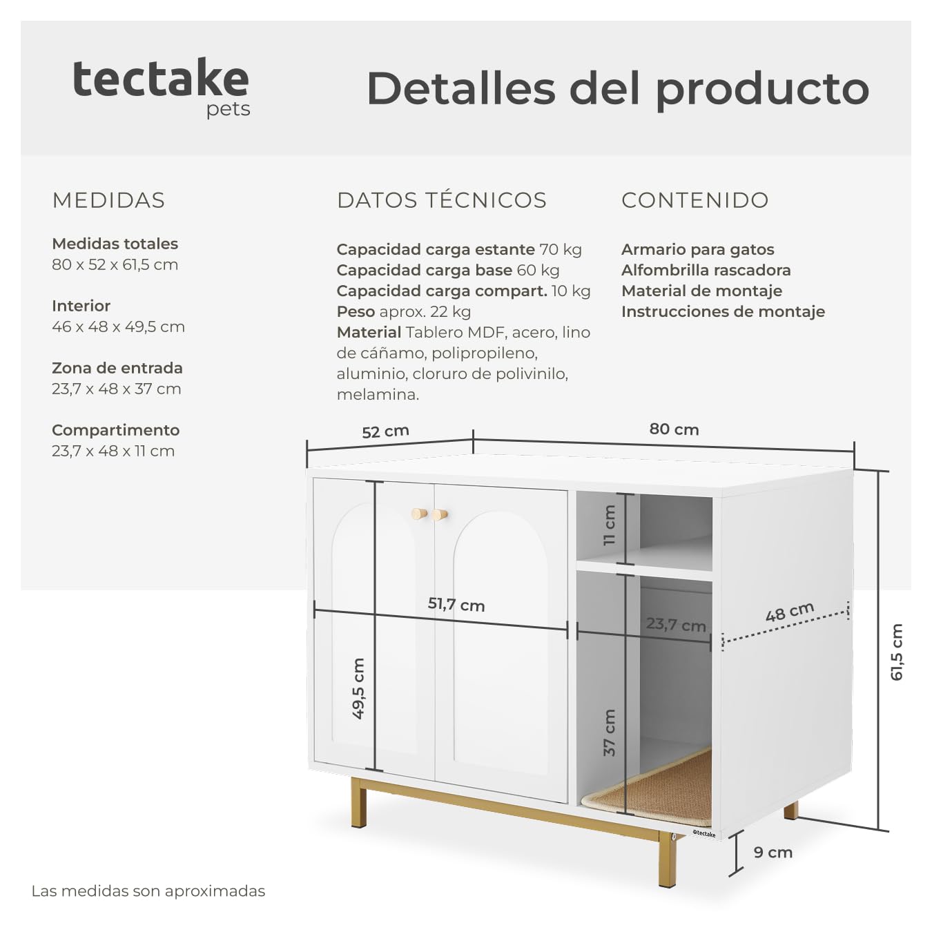 tectake® Mueble arenero Gatos 2 en 1 con Entrada Lateral y Puertas magnéticas, Compartimento Integrado, Alfombra arenero Gato, para Caja de Arena Gatos - Blanco/Dorado