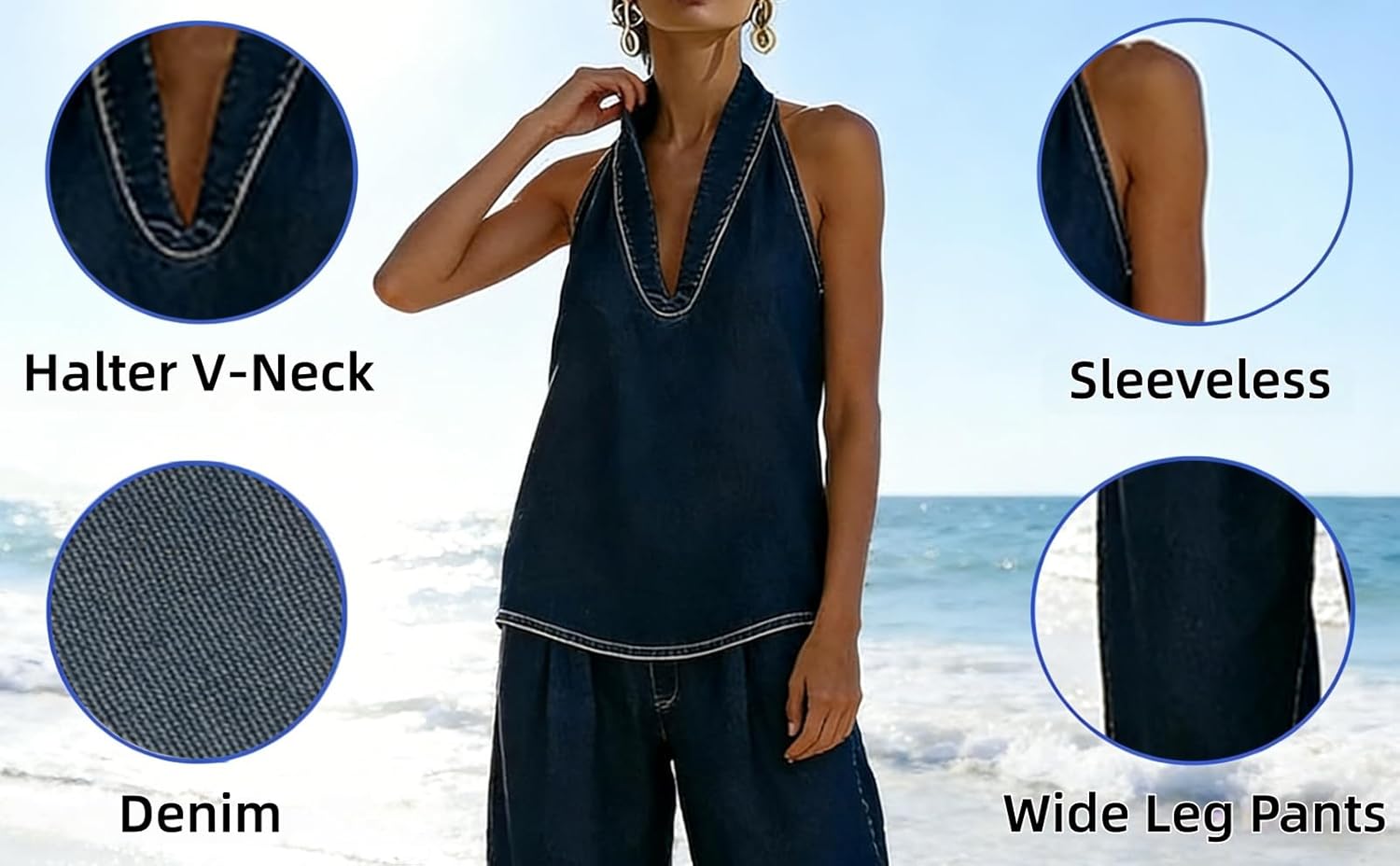 Women's Fashion Halter Denim Sets, Cozy Two-Piece Denim Set - Halter Neck Top and High Waisted Wide Leg Pants