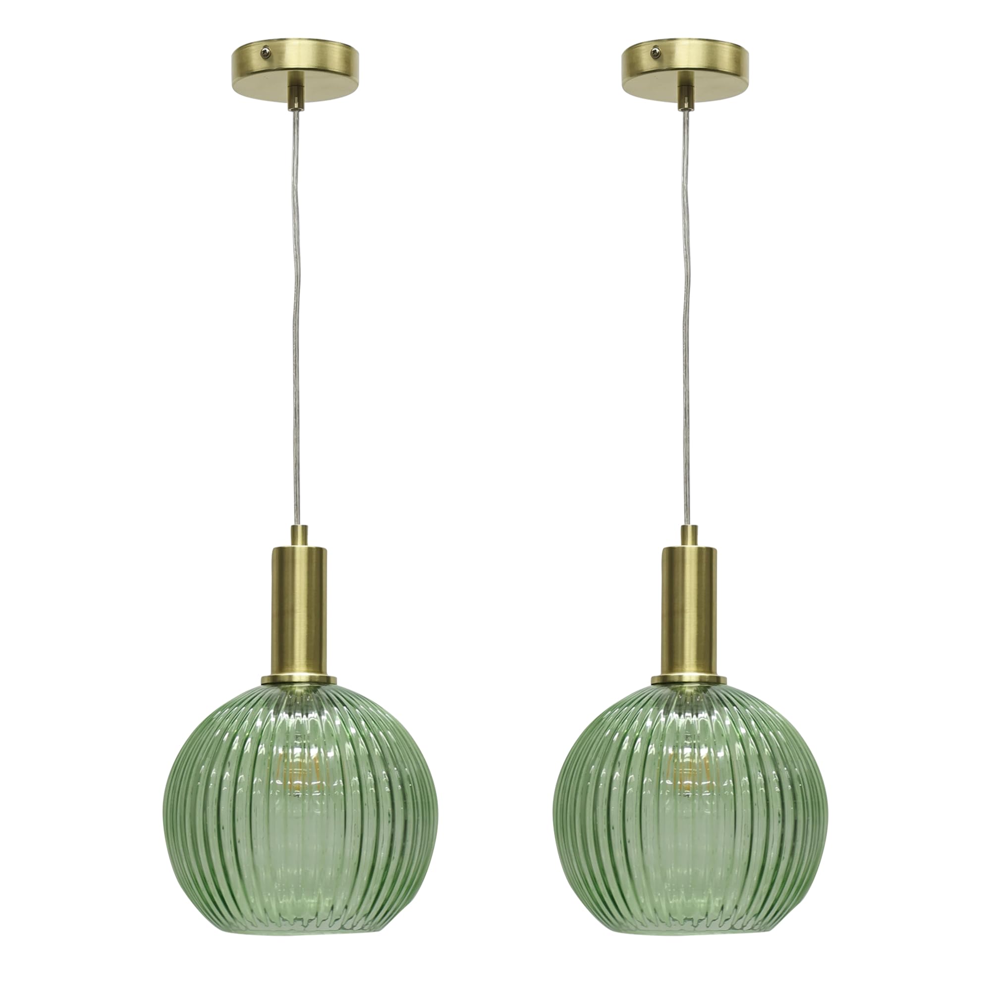 Set of 2 Betchley - Green Ribbed Glass Globe Satin Brass Deco Pendants