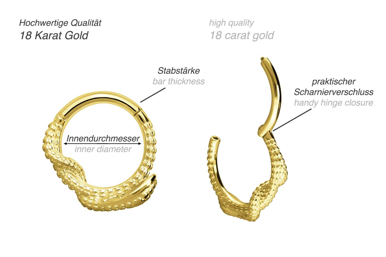 PIERCINGLINE 18 Karat Gold Piercing für Nase, Septum, Ohr, Helix oder Tragus Segmentring Clicker Schlange