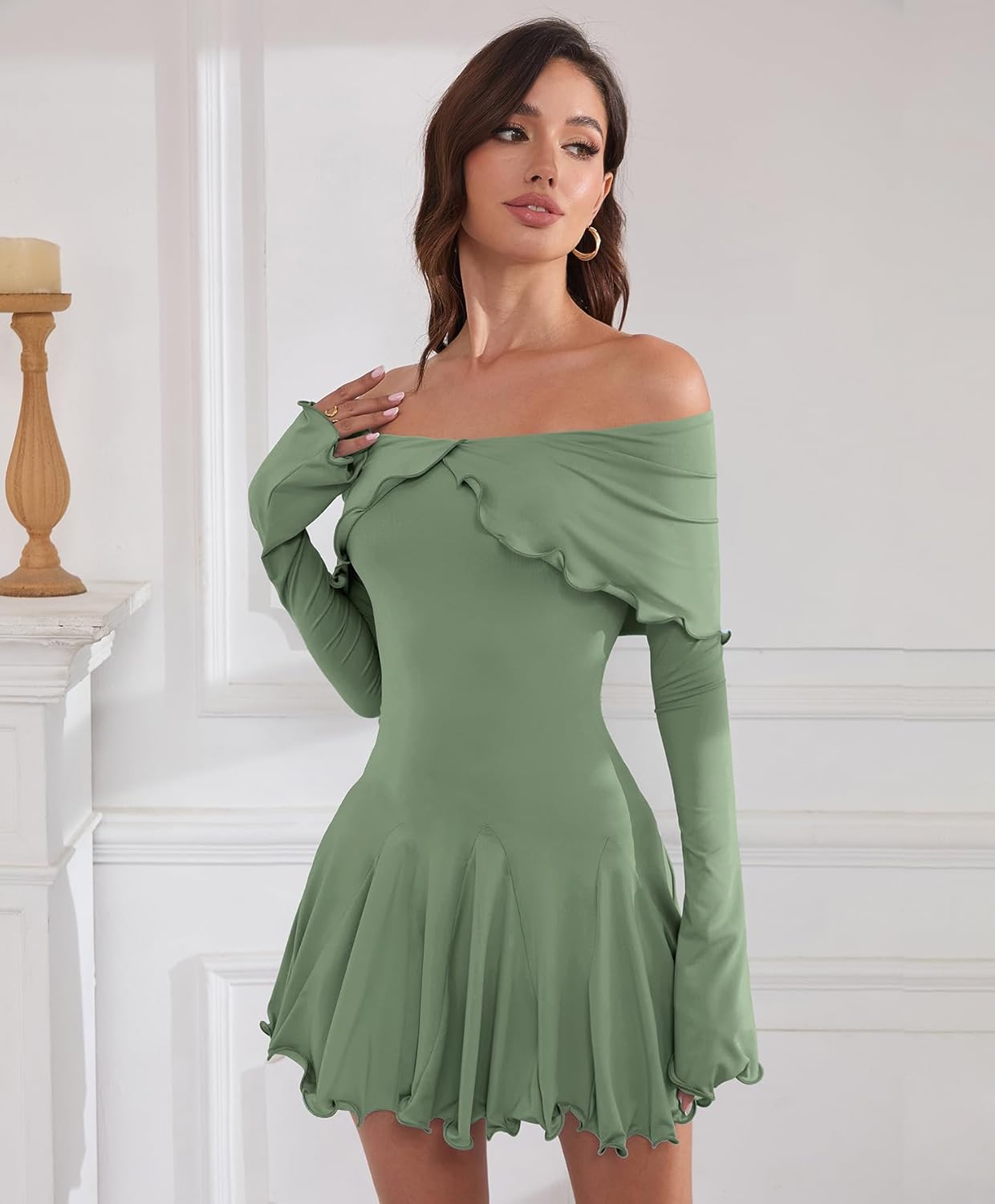 Off The Shoulder Dresses for Women Flowy Bodycon Ruffle Long Sleeve Spring Short Sexy Mini Dress - Image 5
