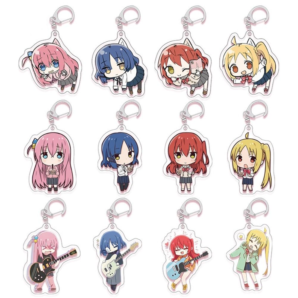 FEIDIAO Bocchi Rock Keychain Anime Character Gotoh Hitori Acrylic Pendant Keyring Ijichi Nijika, Kita Ikuyo, Yamada Ryo Figure Key Bag Pendant Accessories 12pcs