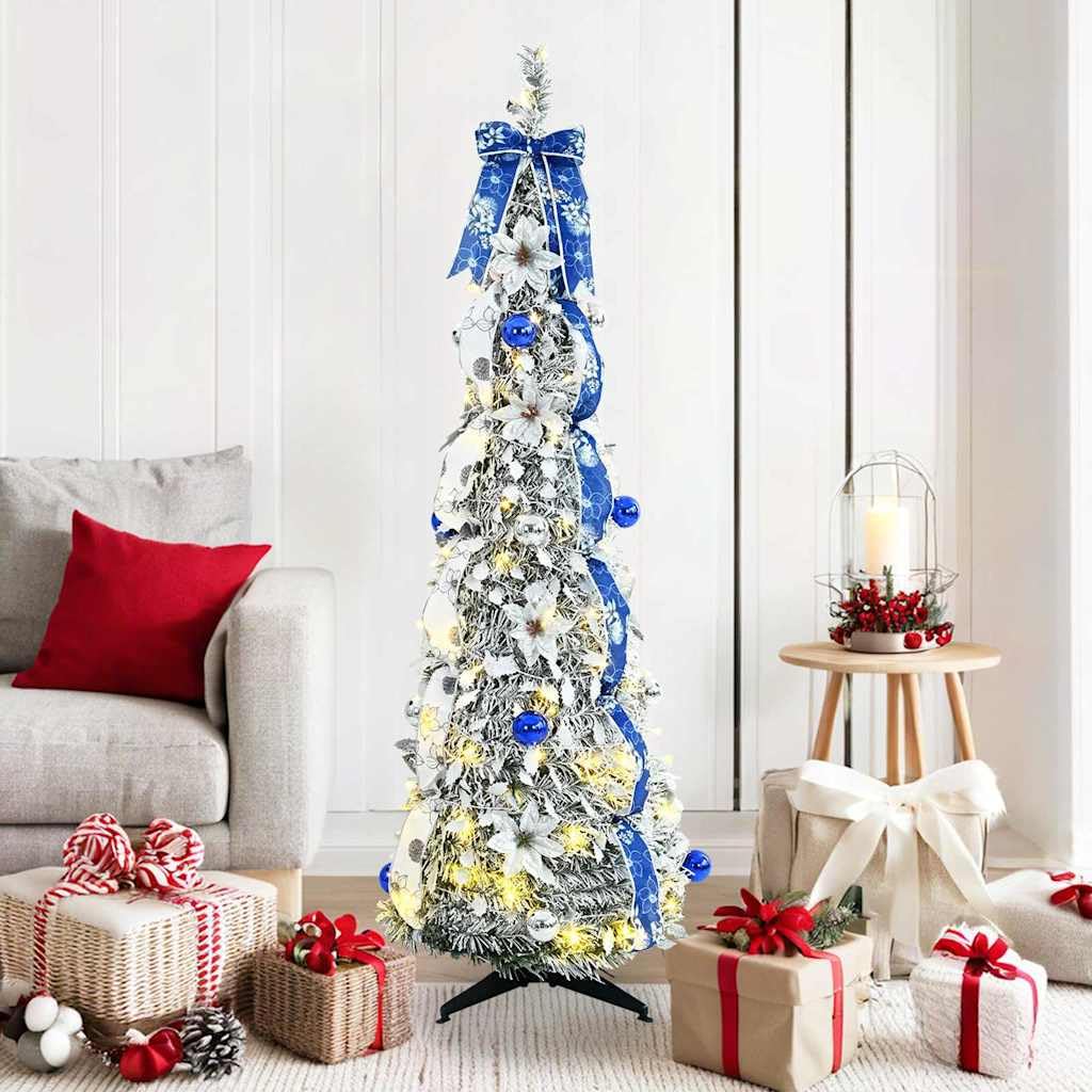 Árbol de Navidad artificial de 150 cm blanco con 100 ledes, agujas de PVC, plegable, incluye soporte y cadena de luces, ideal para salón, balcón, terraza, decoración festiva de Adviento