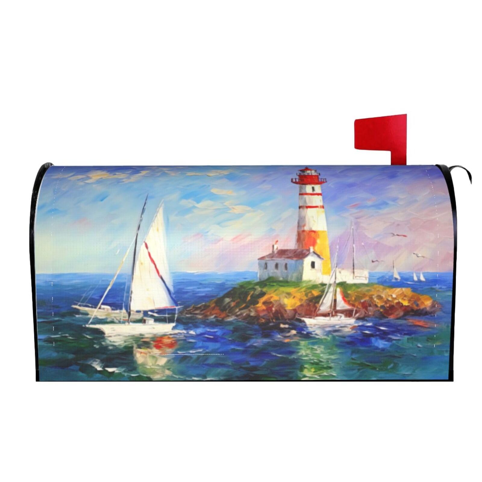 Seascape with Boats Sailboats and Lighthouse 02 Mailbox Covers Magnetic Wraps Post Letter Box Cover Garden Home Decor
