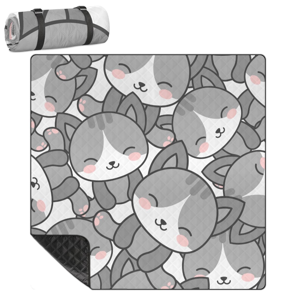 Shimoshe Extra Large Picnic Blankets 79”x 79”, Cute Cat Waterproof Foldable Picnic Mat with Straps Portable Beach Blanket for Camping Park Grass Beach Indoor