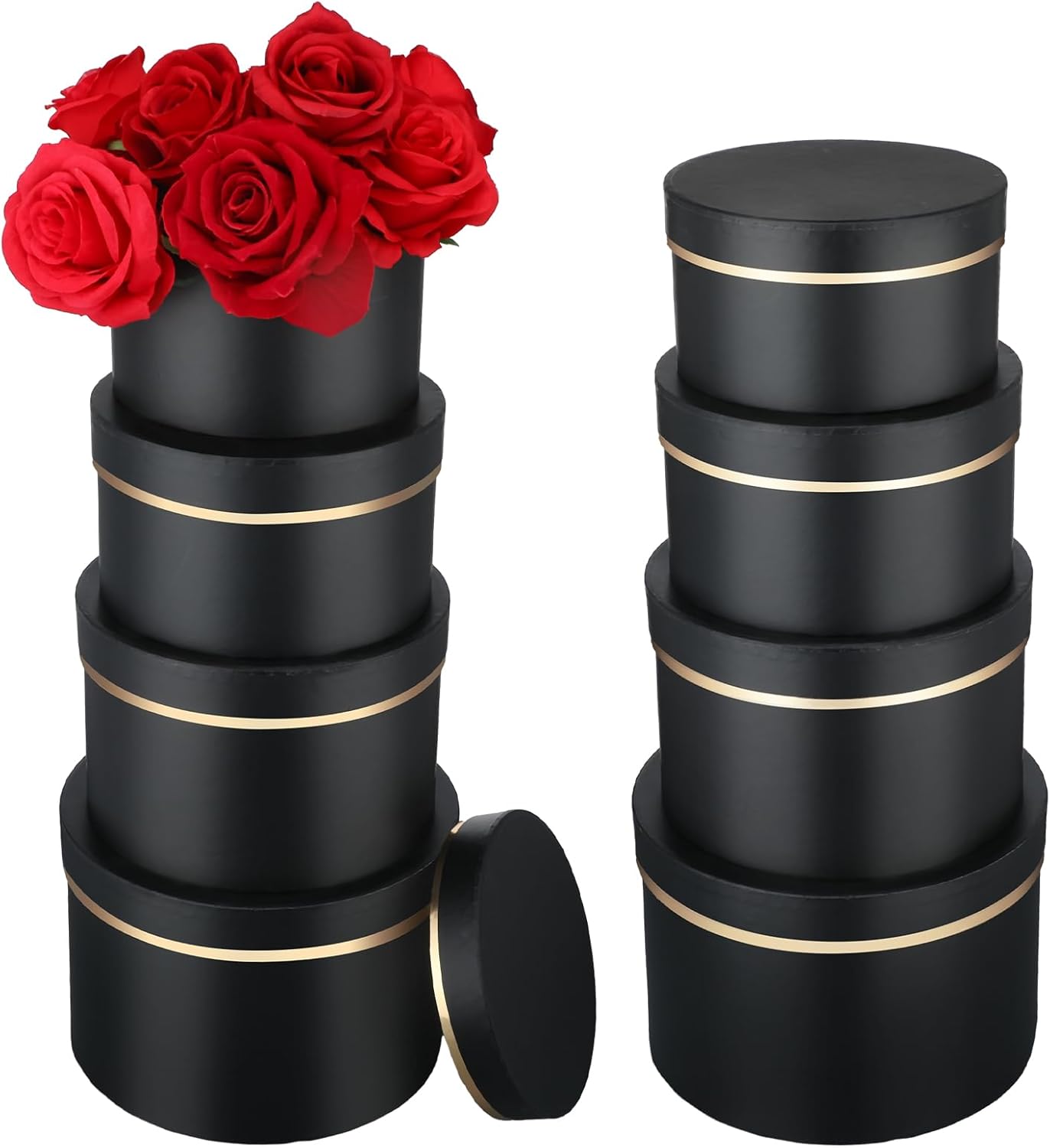 8 Pack Mother's Day Round Nesting Black Gift Boxes with Lids for Presents Assorted Sizes Gift Wrap Boxes for Women Arrangements Bridesmaid Wedding Birthday Party Favor