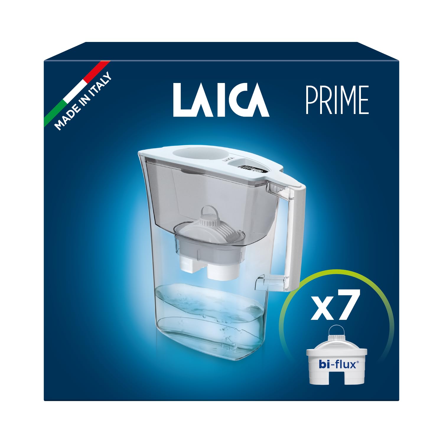 LAICA Prime Line Water Filter Jug & 7 bi-flux Water Filter Cartridges Ivory 3L - Digital Timer, Easy Fill Design, BPA Free, Dishwasher Safe - Preserves Minerals, Removes Impurities - Made in Italy