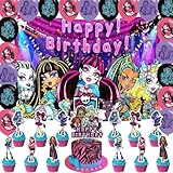 OUDINI Monster Girl Happy Birthday Banner Backdrop for Monster Girl Birthday Party Supplies (5x3ft, Multicolor, Includes Balloons, Cake Topper, Cupcake Toppers)