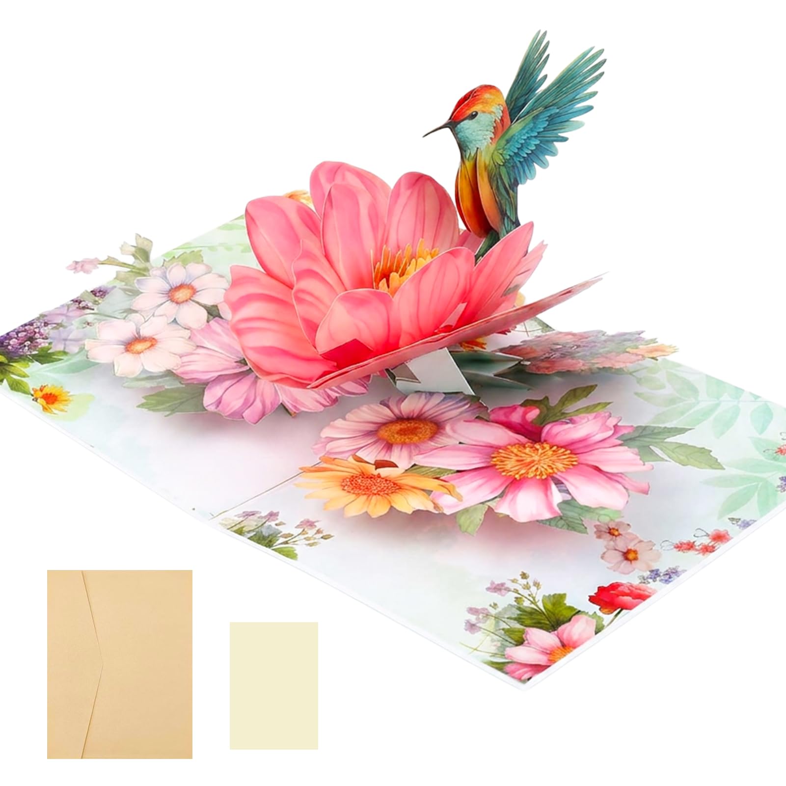 3D Hummingbird Pop Up Birthday Card for Women - Elegant Flower Greeting Card for Mum, Wife, Sister, Grandma - Handmade 3D Anniversary, Mother's Day, Valentine's Day Card with Envelope and Note