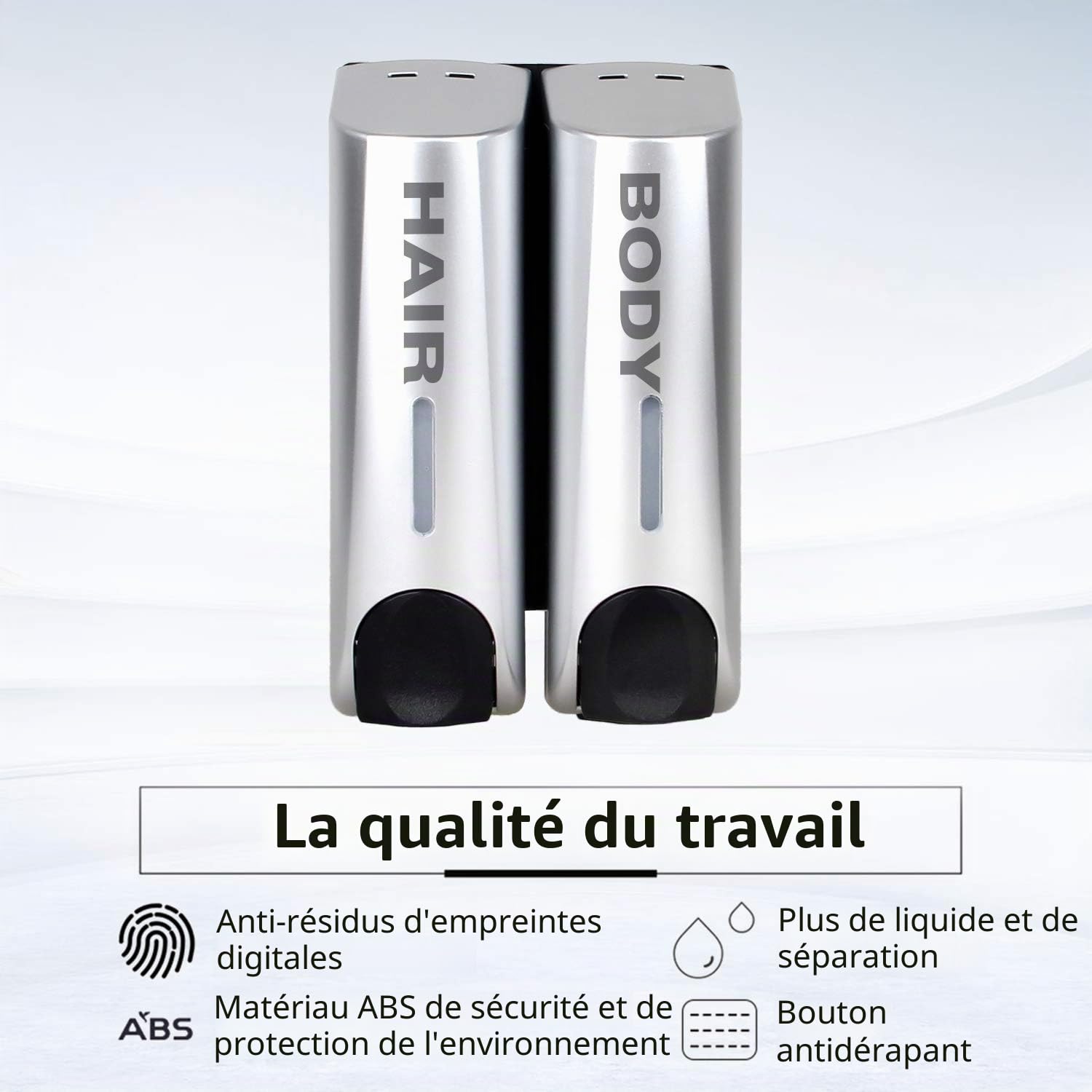 Lot de 2 distributeurs de Savon Mural, 350 ML pour Gel Douche, shampoing après-shampoing, à Fixation Murale, Support, argenté