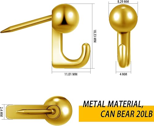 Miniatura 2 de 30 ganchos de metal para colgar fotos, marcos de uñas, ganchos de pintura al óleo en pared de madera o tela para el hogar u oficina (dorado)