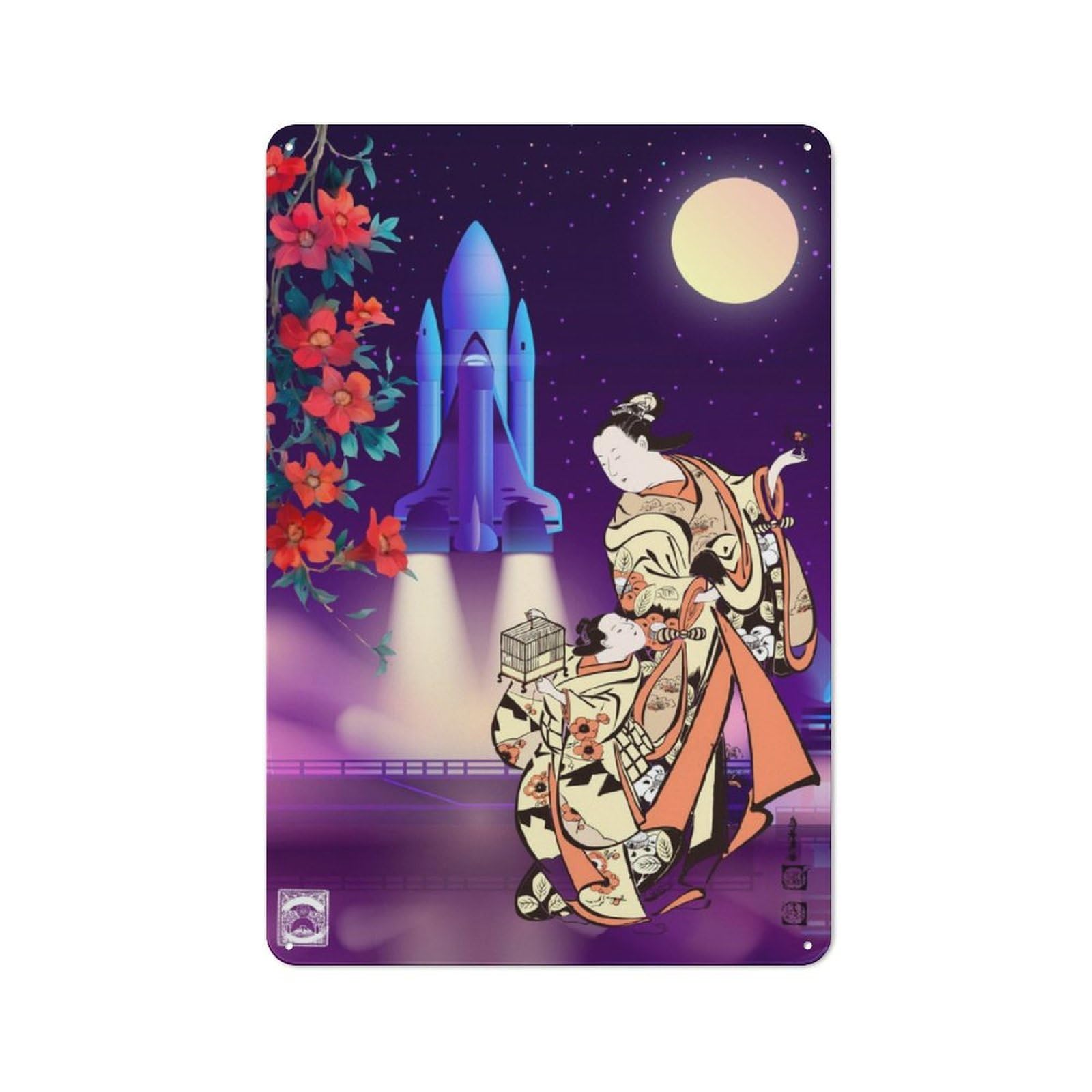 Junmoney Synthwave Ukiyoe 3 Tin Wall Plaque 30X20cm With For Bar Or Restaurant, Autumn Wall Decor For Hospitality Decor Collectors