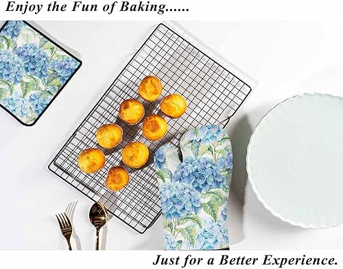 Miniatura 6 de Juego de manoplas de horno y soportes para ollas de flores verde azulado, hortensias, naturaleza, primavera, verano, resistentes al calor, 3 piezas