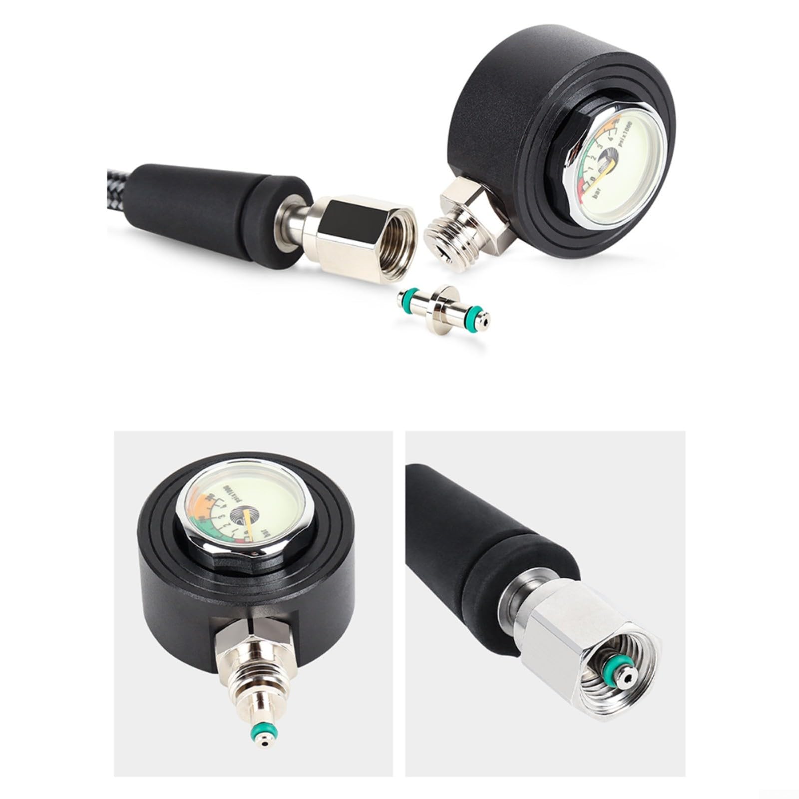 Manometro per immersioni subacquee, con tubo in fibra di carbonio, luminoso per quadrante, filettatura 7/16-20UNF, rotazione a 360° per il monitoraggio del serbatoio subacqueo (15 cm)