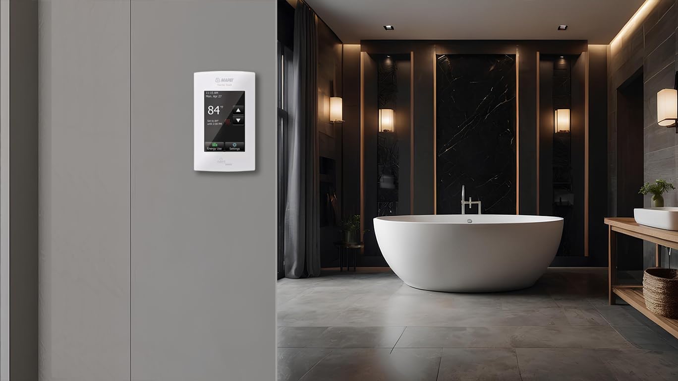 Mapei 2855201 Programmable Touchscreen Thermostat for Home, for Radiant Heated Floors, 120V/240V Cables with an Extra OJ Electronics Floor Temperature Sensor and Built-in GFCI for Bathroom and Kitchen